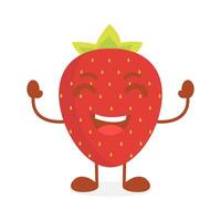 Vector strawberry fruit cartoon character raising both hands while laughing