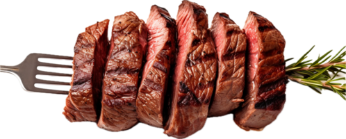 AI generated slices of beef steak on a frok png