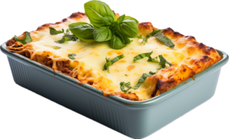 Lasagna in baking dish png with AI generated.