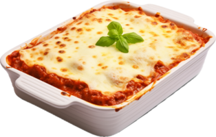 Lasagna in baking dish png with AI generated.