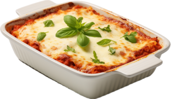 Lasagna in baking dish png with AI generated.