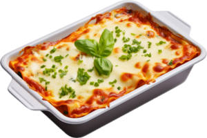 Lasagna in baking dish png with AI generated.