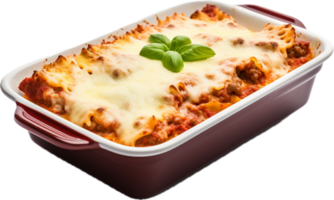 Lasagna in baking dish png with AI generated.