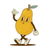 Retro cartoon pear character in groove style. Funny fruit mascot vector illustration. Nostalgia 60s, 70s, 80s