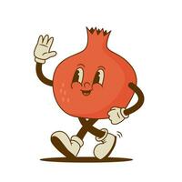 Retro cartoon garnet character in groove style. Funny pomegranate mascot. Fruit vector illustration. Nostalgia 60s, 70s, 80s