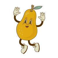 Retro cartoon pear character vector illustration. Funny fruit mascot  in groove style. . Nostalgia 60s, 70s, 80s