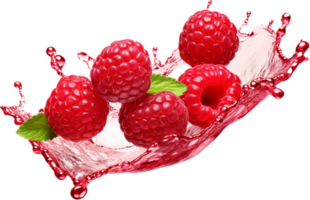 Raspberries in juice splash png with AI generated.