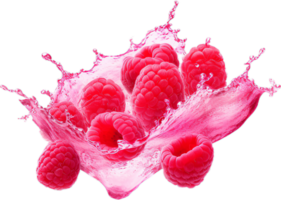 Raspberries in juice splash png with AI generated.