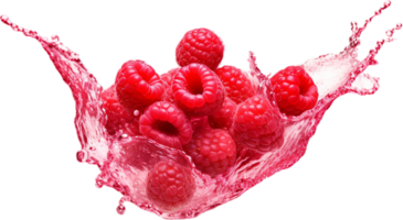 Raspberries in juice splash png with AI generated.