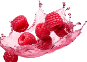 Raspberries in juice splash png with AI generated.