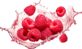 Raspberries in juice splash png with AI generated.