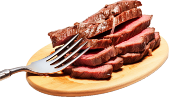 AI generated slices of beef steak on a frok png