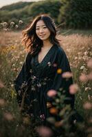 ai generado hermosa asiático mujer en un prado con flores a puesta de sol foto