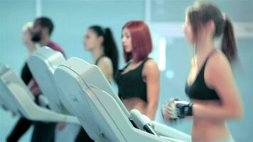 Sport and slender girl walks on a treadmill video