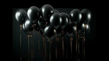 Glossy black balloons on golden strings ai generated banner background copy space photo