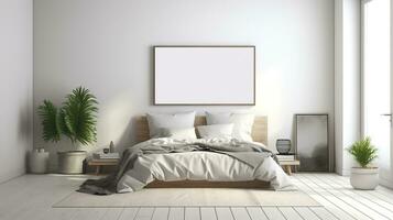 Scandinavian deco double bed palms ai generated frame mockup bedroom photo