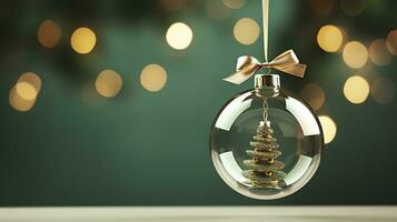 Hanging bauble Christmas tree bokeh lights ai generated banner background copy space photo