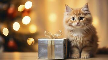 Ginger cat Christmas gift ai generated banner background copy space photo