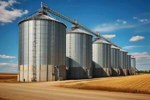 Agricultural silo granary in wheat field. Storage of agricultural products. Generative AI photo