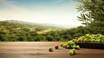 Old wooden table for product display with natural green olive field and green olives. Generative AI photo