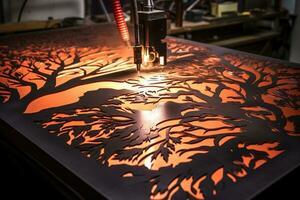 Plasma cutting of steel sheet. CNC Laser cutting of metal. Generative AI photo