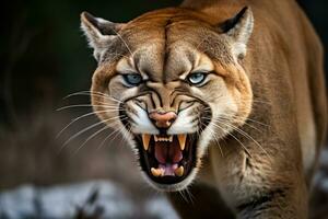 Roaring cougar or mountain lion hunts its prey. Generative AI photo