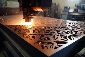 Plasma cutting of steel sheet. CNC Laser cutting of metal. Generative AI photo