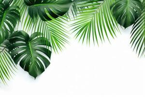 Summer tropical composition with green palm leaves on white background. Generative AI photo