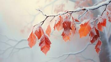 Frosty autumn leaves on branch. Generative AI photo