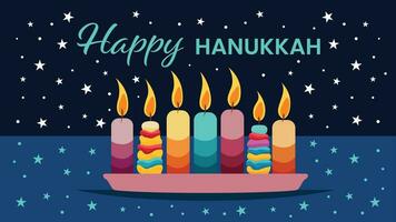 7 vibrant candles illuminate a festive Hanukkah scene. A joyous Happy Hanukkah greeting adds warmth to this colorful vector illustration.