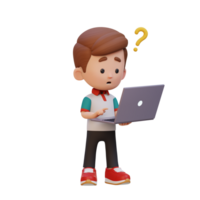 3D cute kid character confused on a laptop png