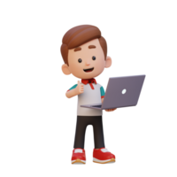 3D cute kid character give a thumb up while holding a laptop png