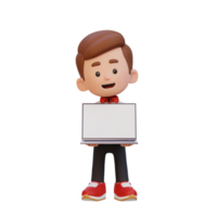 3D kid Character Holding and Presenting to a Laptop with Empty Screen png