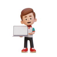 3D kid Character Holding and Presenting to a Laptop with Empty Screen png