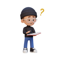 3d enfant personnage avoir confus lorsque en train de lire une livre png