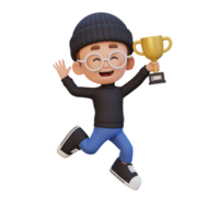 3D kid character celebrating win holding a trophy png