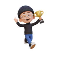 3D kid character celebrating win holding a trophy png