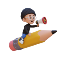 3D kid character riding a pencil and holding megaphone png