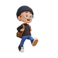 3D happy kid character walking go to school holding bag png