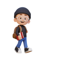 3D happy kid character walking go to school holding book png