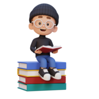 3D happy kid character reading book png