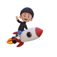 3D kid character riding a rocket and waving hand png