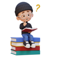 3D kid character get confused when reading a book png