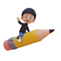 3D kid character riding a pencil and waving hand png