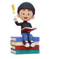 3D kid character get an idea when reading a book png