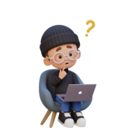 3D cute kid character confused on a laptop png