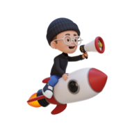 3D kid character riding a rocket and holding megaphone png