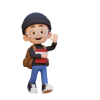 3D happy kid character walking go to school holding book and waving hand png