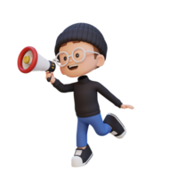 3D cute kid Character jumping and talking on Megaphone png