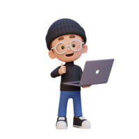 3D cute kid character give a thumb up while holding a laptop png